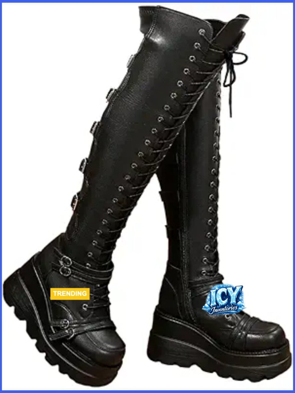 Over the Knee Boots - Goth Punk Thigh High Motorcycle Boots with Buckles and